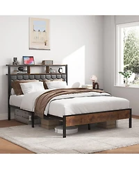 Streamdale Furniture Wooden Platform Bed Frame w/ Usb Ports & Storage - Brown