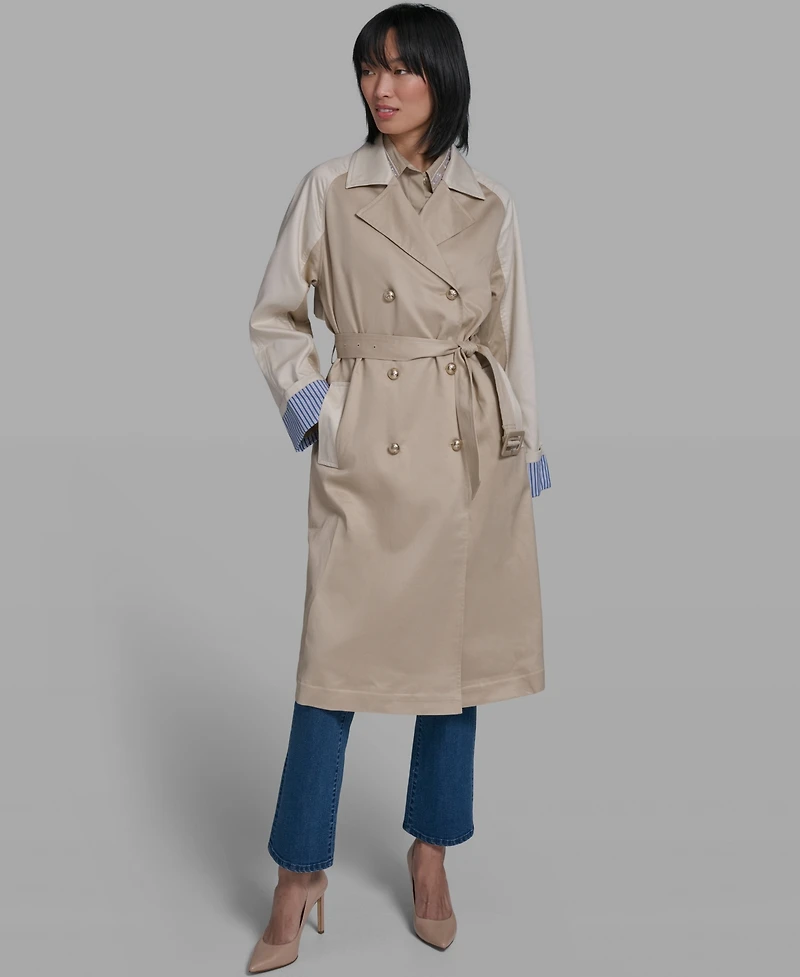 Karl Lagerfeld Paris Women's Color Block Collared Trench Coat