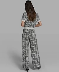 Karl Lagerfeld Paris Womens Lace Detail Camp Shirt Lace Print Soft Pull On Pants