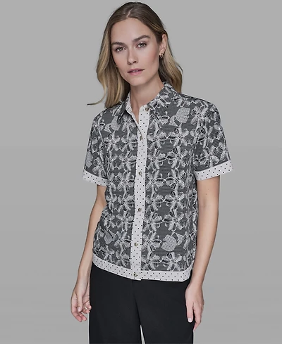 Karl Lagerfeld Paris Women's Lace Detail Camp Shirt