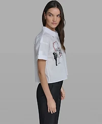 Karl Lagerfeld Paris Women's Cropped City Scene Collared Top
