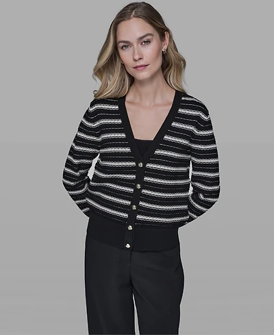 Karl Lagerfeld Paris Women's Pointelle Stripe V-Neck Cardigan Sweater