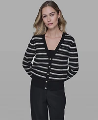 Karl Lagerfeld Paris Women's Pointelle Stripe V-Neck Cardigan Sweater
