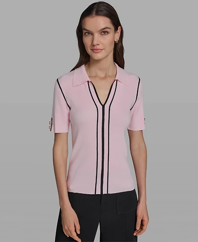 Karl Lagerfeld Paris Women's Short-Sleeve Johnny Collar Sweater
