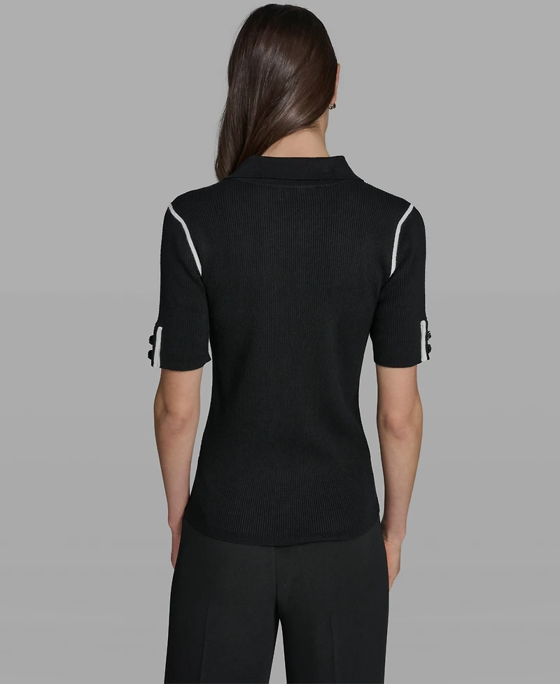 Karl Lagerfeld Paris Women's Short-Sleeve Johnny Collar Sweater