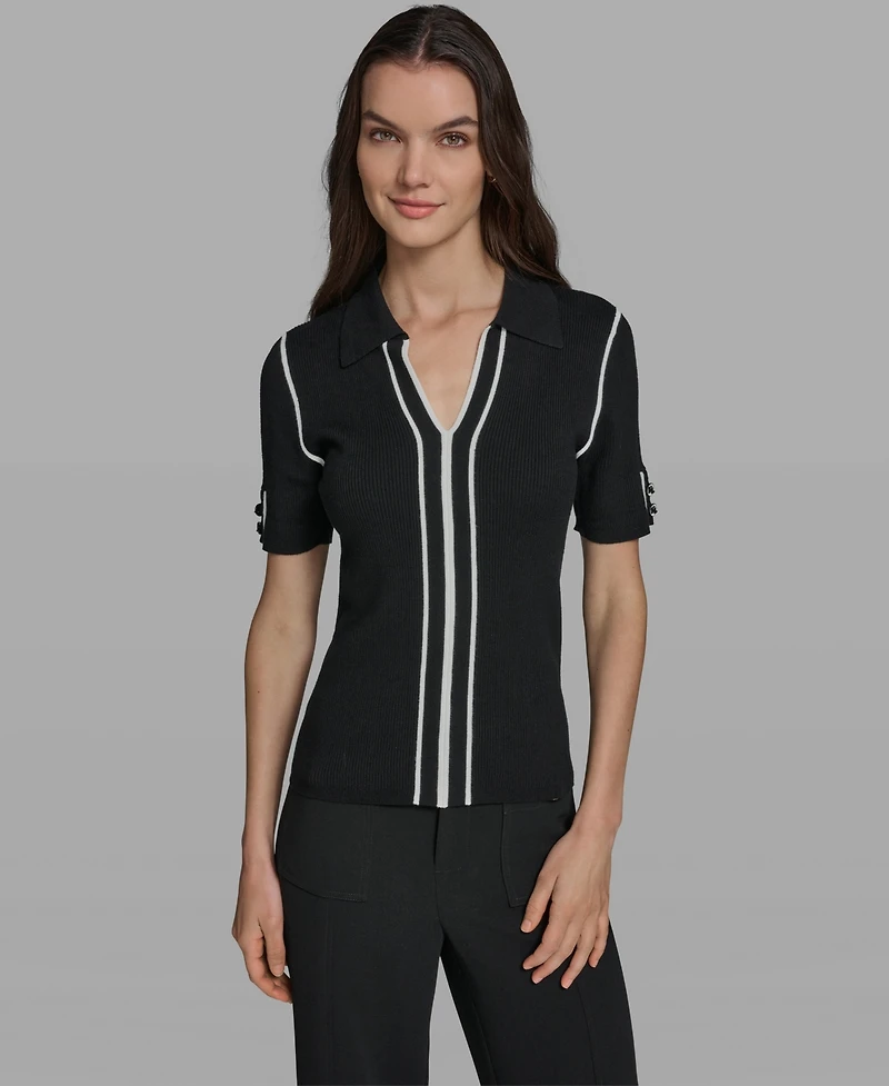 Karl Lagerfeld Paris Women's Short-Sleeve Johnny Collar Sweater