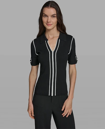 Karl Lagerfeld Paris Women's Short-Sleeve Johnny Collar Sweater