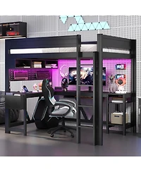 Streamdale Furniture Full Black Gaming Loft Bed with Desk, Led Lights & Charging Station