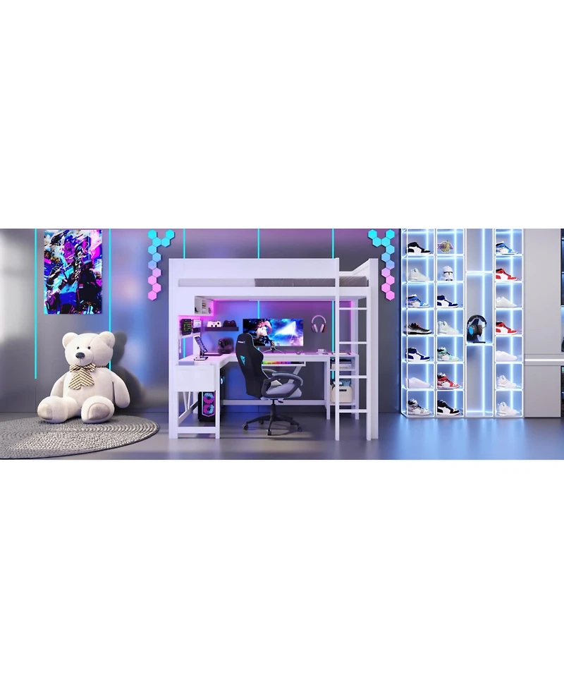Streamdale Furniture Full Size Black Gaming Loft Bed with Desk, Led Lights & Charging Station