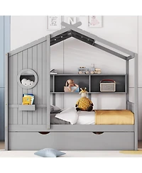 Streamdale Furniture Wooden Full Size House Bed with Trundle & Shelf