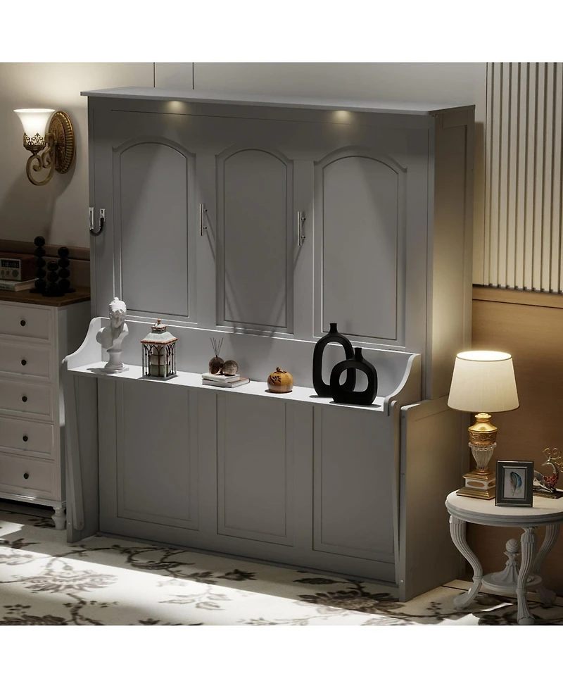 Streamdale Furniture Queen Size Murphy Bed with Desk,Led Lights and Usb Charging Station,Gray