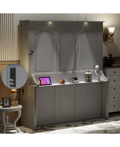 Streamdale Furniture Queen Size Murphy Bed with Desk,Led Lights and Usb Charging Station,Gray