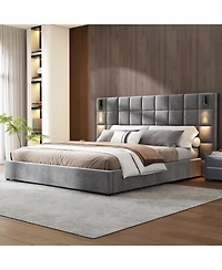 Streamdale Furniture California King Upholstered Bed Frame, Sconce, Usb, Velvet, Gray
