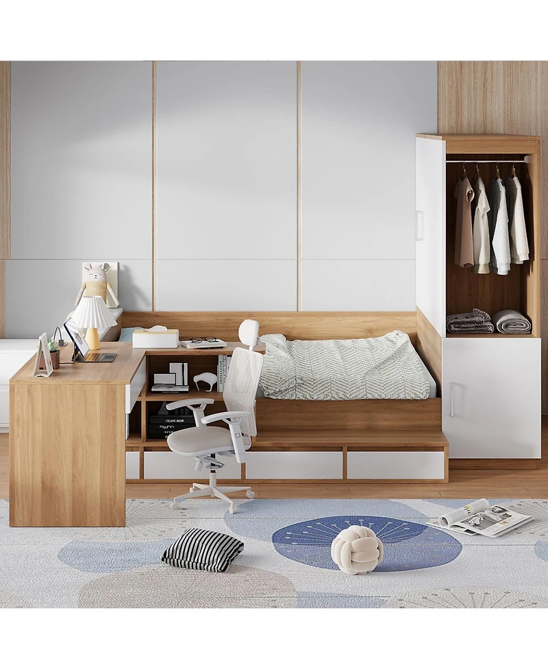 Streamdale Furniture Full Wooden Platform Bed with 6 Drawers, Shelves, desk and Wardrobe