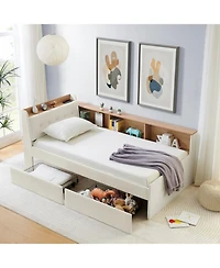 Streamdale Furniture Twin Velvet Daybed- Storage Headboard, Wireless Charging, Led, Beige