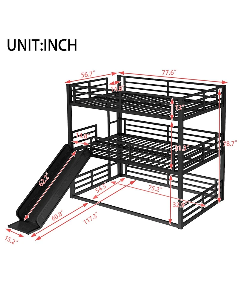 Streamdale Furniture Triple Bunk Bed with Slide, Metal, Heavy-Duty