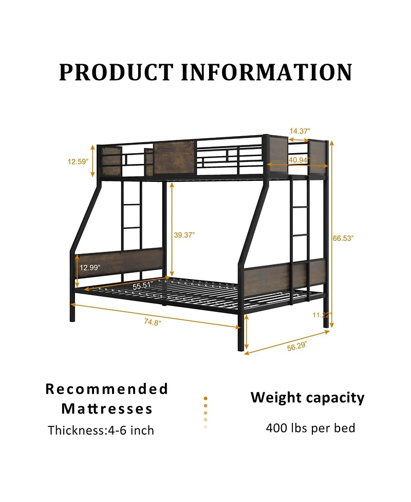 Streamdale Furniture Streamdale Twin Over Full Metal Bunk Bed with Safety Rails & 2 Ladders