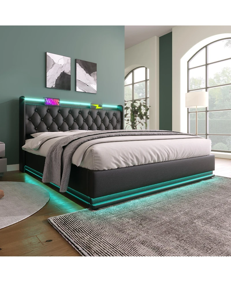 Streamdale Furniture Modern Upholstered Bed with 360 Led, Storage, and Usb-c Charging