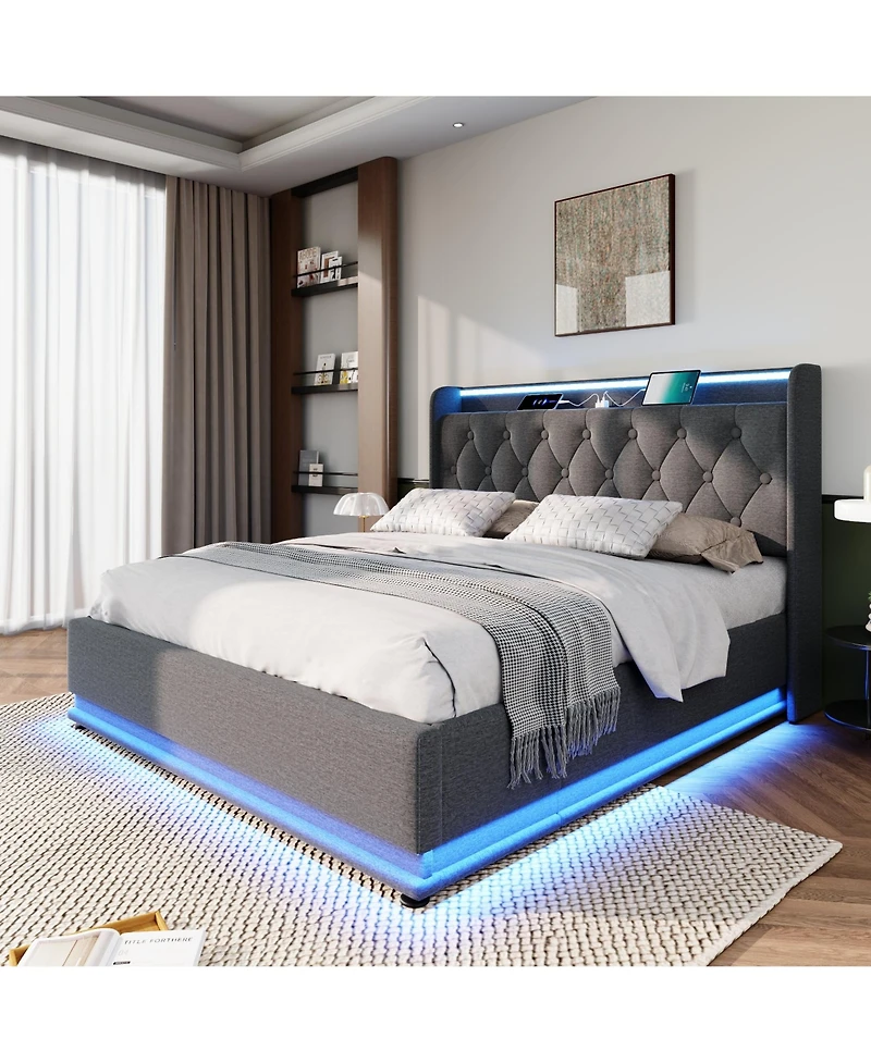 Streamdale Queen Upholstered Led Smart Bed with Storage