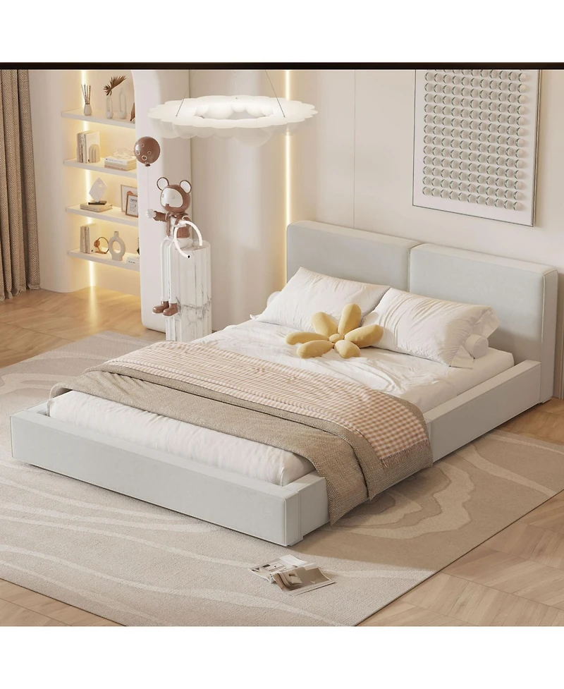 Simplie Fun Queen Upholstered Platform Bed with Velvet Fabric, Grounded Solid Frame, Gray