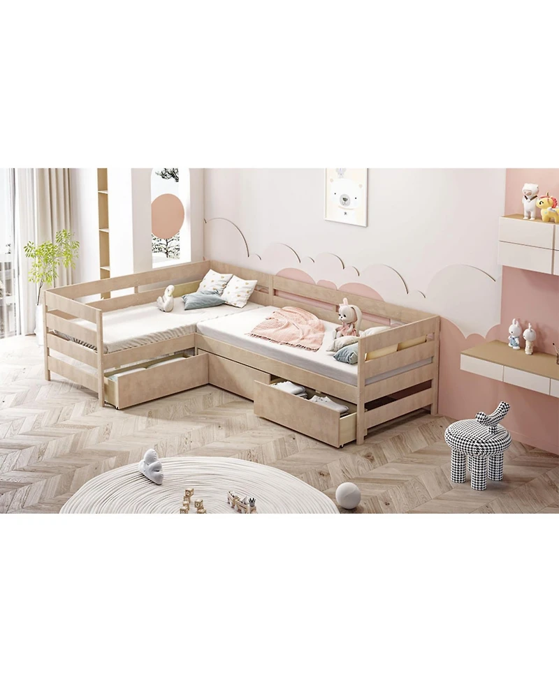 Streamdale Furniture Twin Size L-shaped Platform Bed with Three Storage Drawers