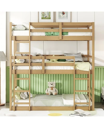 Streamdale Furniture Streamdale Triple Twin Oak Bunk Bed with Guardrails and Ladders