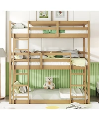 Streamdale Furniture Streamdale Triple Twin Oak Bunk Bed with Guardrails and Ladders