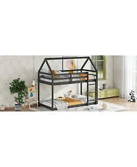 Streamdale Furniture Twin over Twin Rubber Wood Floor Bunk Bed, with ladder,Guardrails,House-Shaped