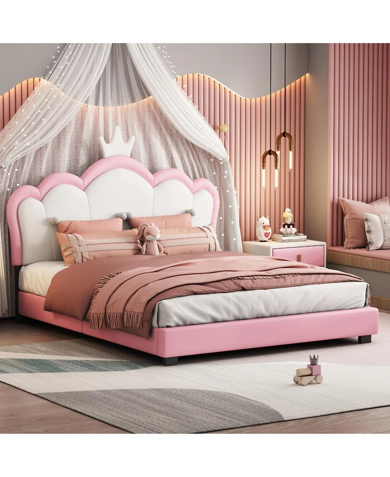 Streamdale Furniture Full Upholstered Princess Bed with Crown Headboard,Full Platform Headboard and Footboard
