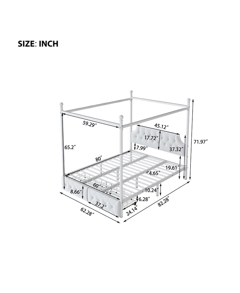 Streamdale Furniture Queen Size Metal Canopy Platform Bed with Upholstered Headboard and Two Storage Drawers