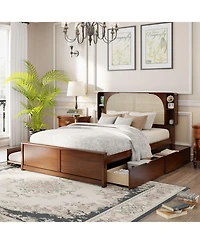 Streamdale Furniture Queen Size Rattan Headboard Bed with Two Drawers and Trundle
