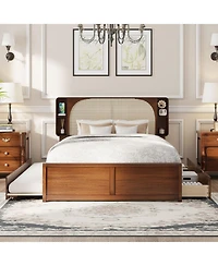 Streamdale Furniture Queen Size Rattan Headboard Bed with Two Drawers and Trundle