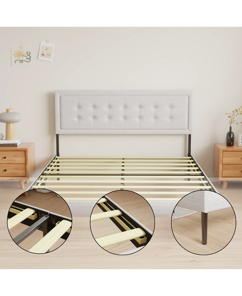 Streamdale Furniture Streamdale Iron Platform Bed Frame with Wooden slats support & Upholstered Headboard (Queen Size)
