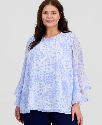 Kasper Plus Printed Ruffled-Sleeve Blouse