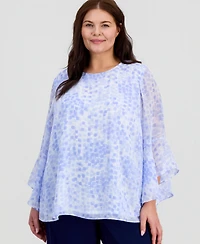 Kasper Plus Printed Ruffled-Sleeve Blouse
