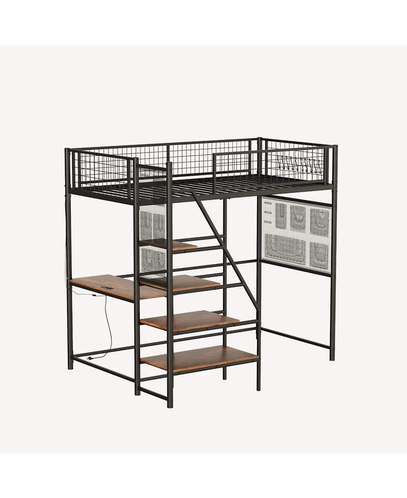 Streamdale Furniture Twin sized loft metal bed with black for bedroom and dormitory, with built-in charging station and Led lighting