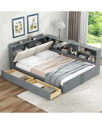 Wood Full Size platform bed with Storage Headboard, Shelves and 2 Drawers, White
