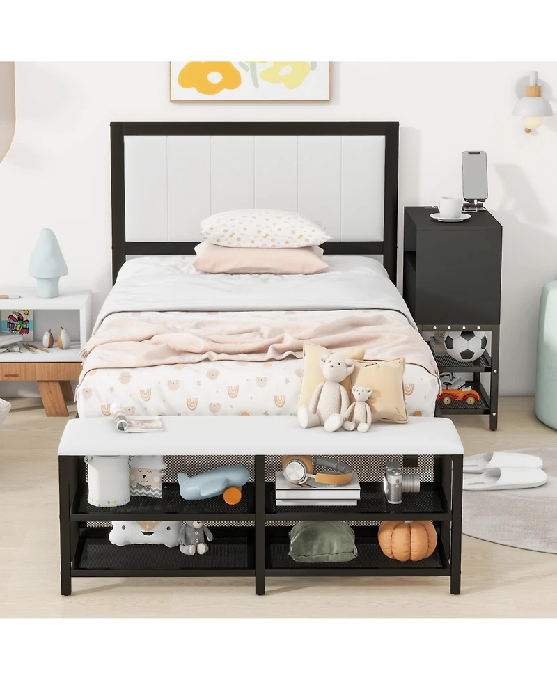 Streamdale Furniture Twin size Metal Platform Bed with Two-Tier Storage Shelves, Wooden Storage Cabinet