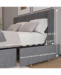 Streamdale Furniture Queen Size Bed Frame with 4 Storage Drawers and Wingback Headboard, Button Tufted Design