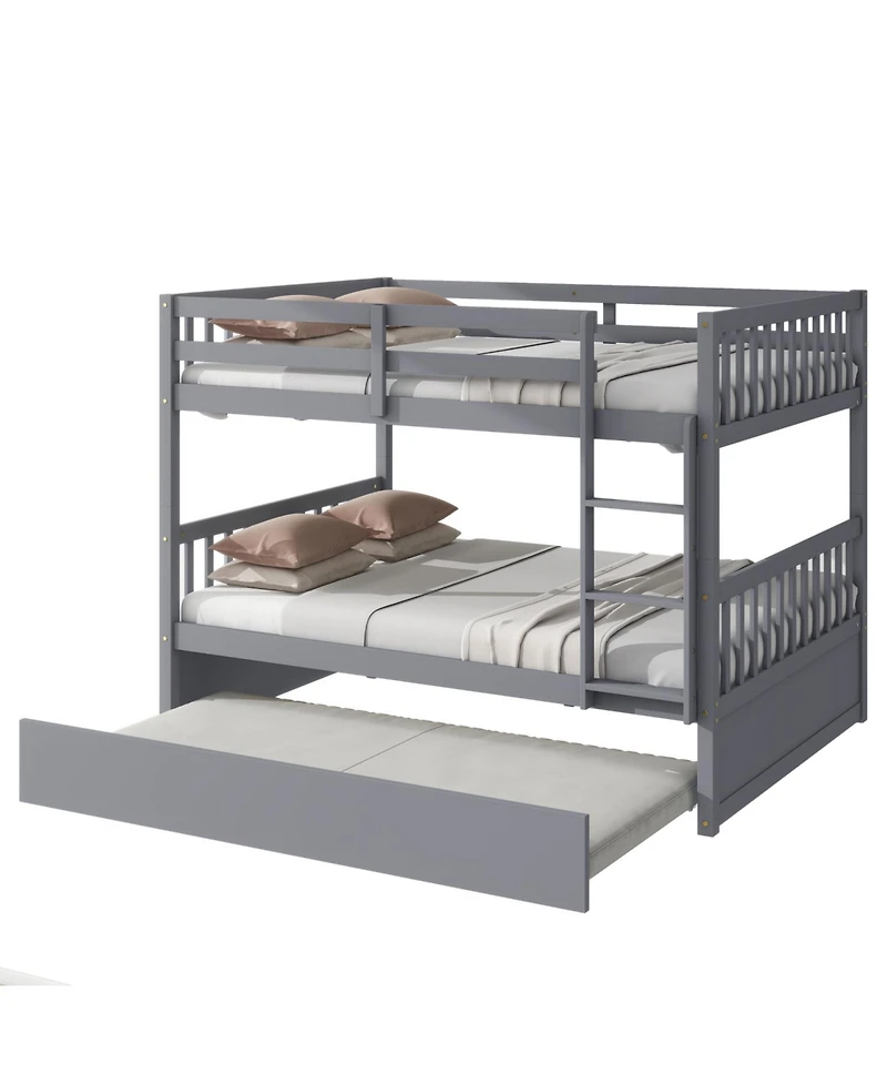 Streamdale Furniture Gray Rubber Wood Bunk Bed with Trundle, Ladder, Guardrails & Convertible to 2 Full Beds