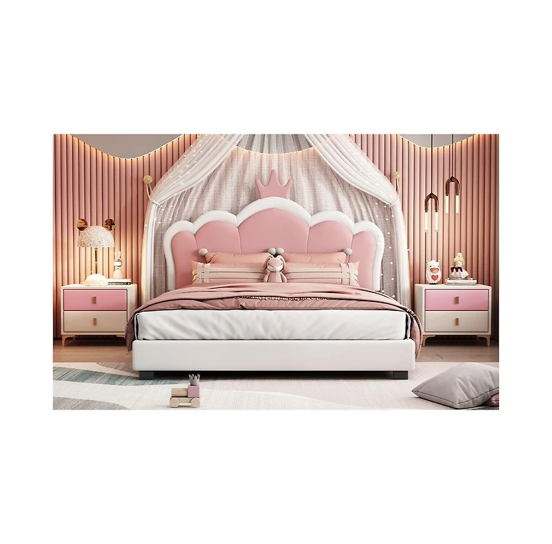 Streamdale Furniture Full Upholstered Princess Bed with Crown Headboard,Full Platform Headboard and Footboard