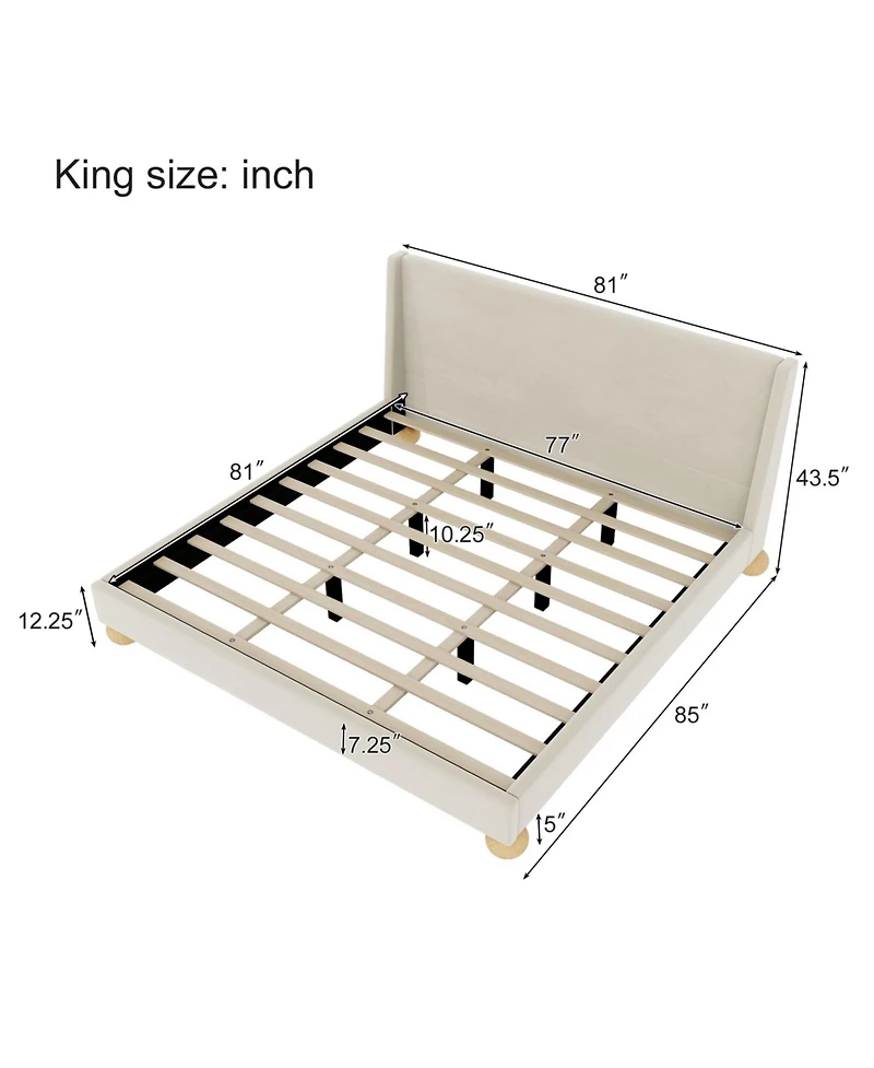 Streamdale Furniture Modern Velvet Upholstered Platform Bed with Wingback Headboard and Round Wooden Legs, Cream,King Size