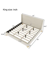 Streamdale Furniture Modern Velvet Upholstered Platform Bed with Wingback Headboard and Round Wooden Legs, Cream,King Size