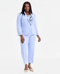 Kasper Plus Size Seamed Crepe One Button Blazer Pleat Neck Sleeveless Floral Top Stretch Crepe Flat Front Trousers