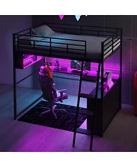 Streamdale Furniture Full Size Metal Loft Bed with Led Desk and 4 Storage Shelves Black