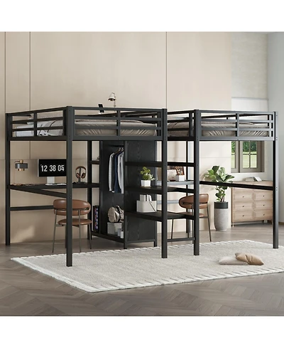 Streamdale Furniture Twin Metal Loft Bed with Desk Wardrobe & Shelves - Black