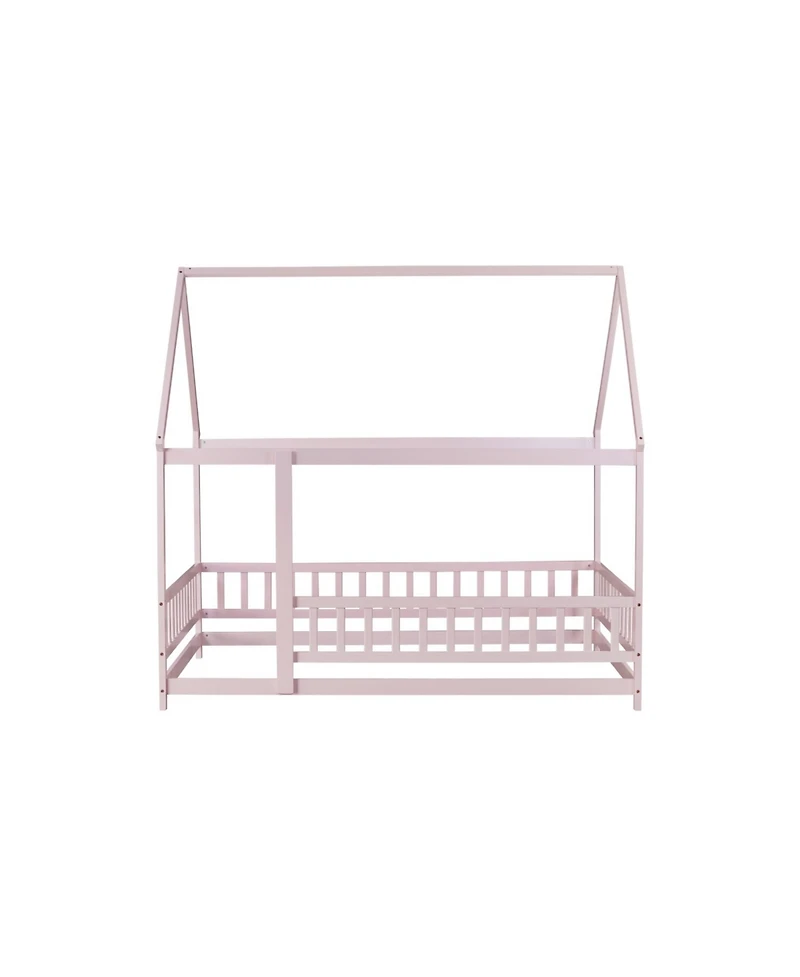 Streamdale Furniture Full Size House Floor Wooden Bed with Roof Frame Safety Guardrails