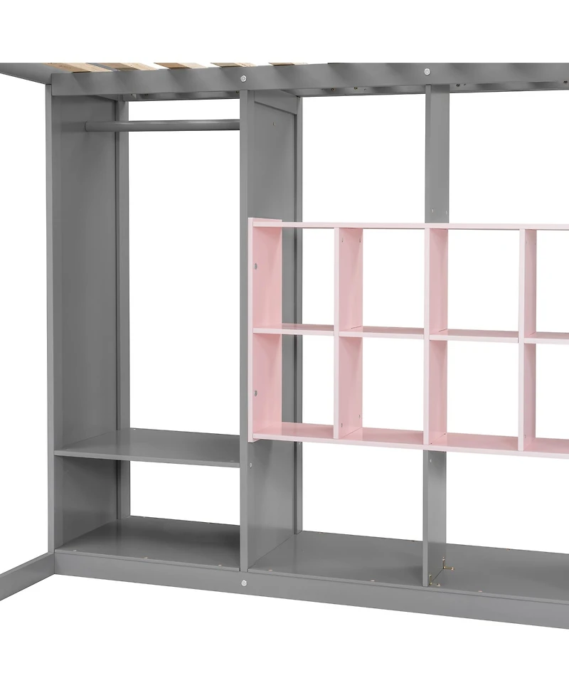 Streamdale Furniture Full Size Wood Loft Bed with Wardrobe, shelves and Cabinet, Gray+Pink