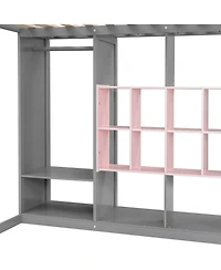 Streamdale Furniture Full Size Wood Loft Bed with Wardrobe, shelves and Cabinet, Gray+Pink
