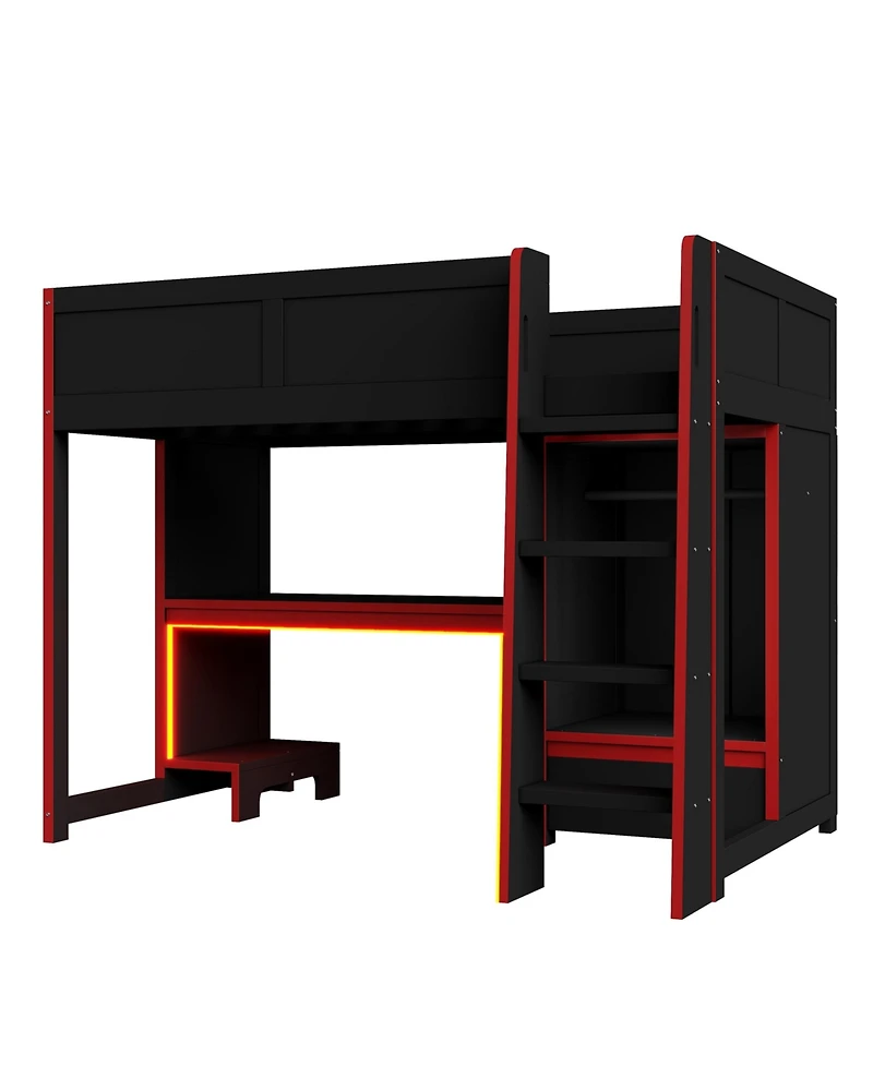Streamdale Furniture Black Twin Gaming Loft Bed w/ Desk, Wardrobe & Led